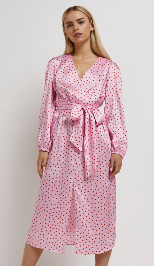 river island pink polka dot dress River Island tie dye tiered midi smock dress in pink